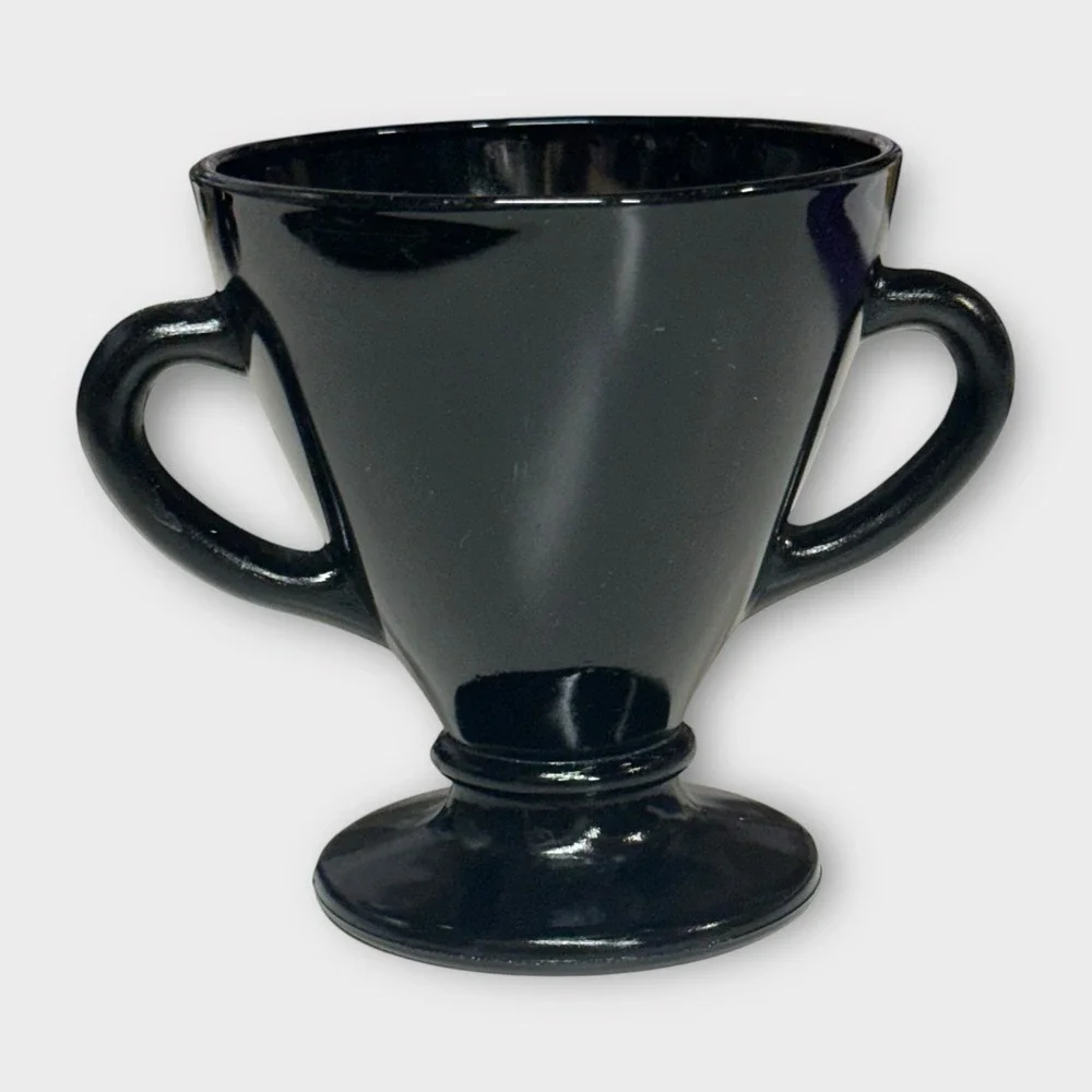 Hazel Atlas Ovide Black Open Sugar Bowl Double Handle Depression Glass 1930-1935